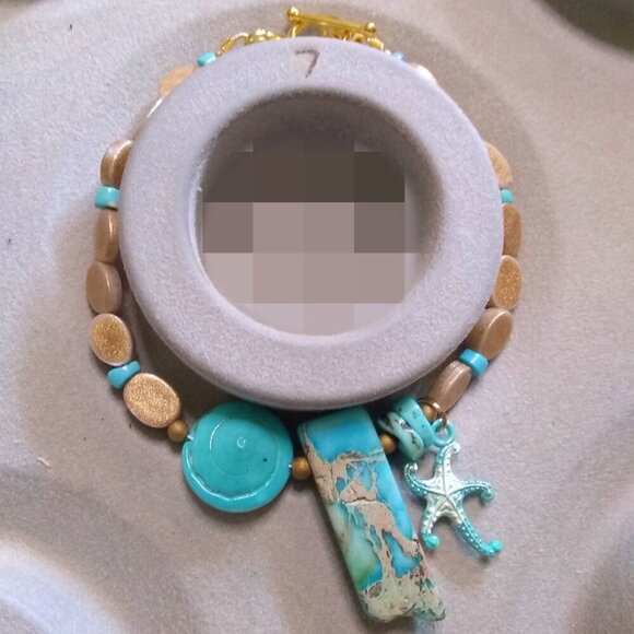 Coastal Cowgirl! Sea Sediment Jasper + Starfish + Shell Beaded Toggle Bracelet - Picture 8 of 9